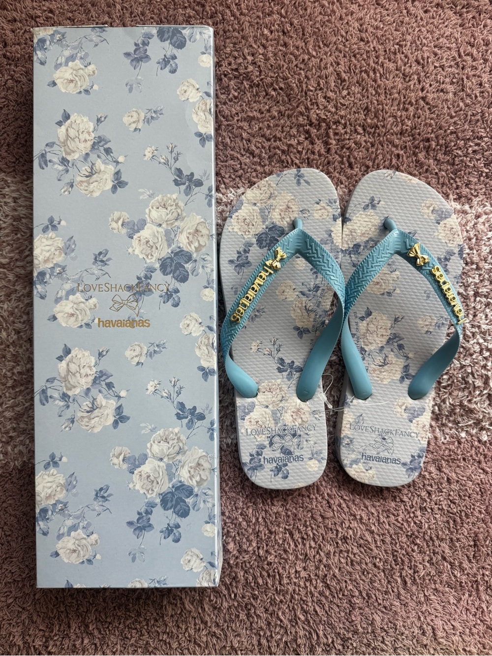Havaianas Kids Blue Floral Flip Flops with Gold Logo